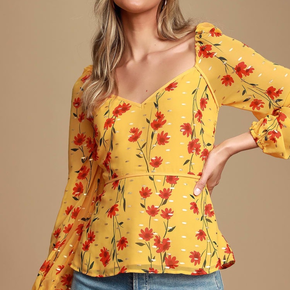 Lulus | Raelyn Mustard Yellow Floral Peplum Top